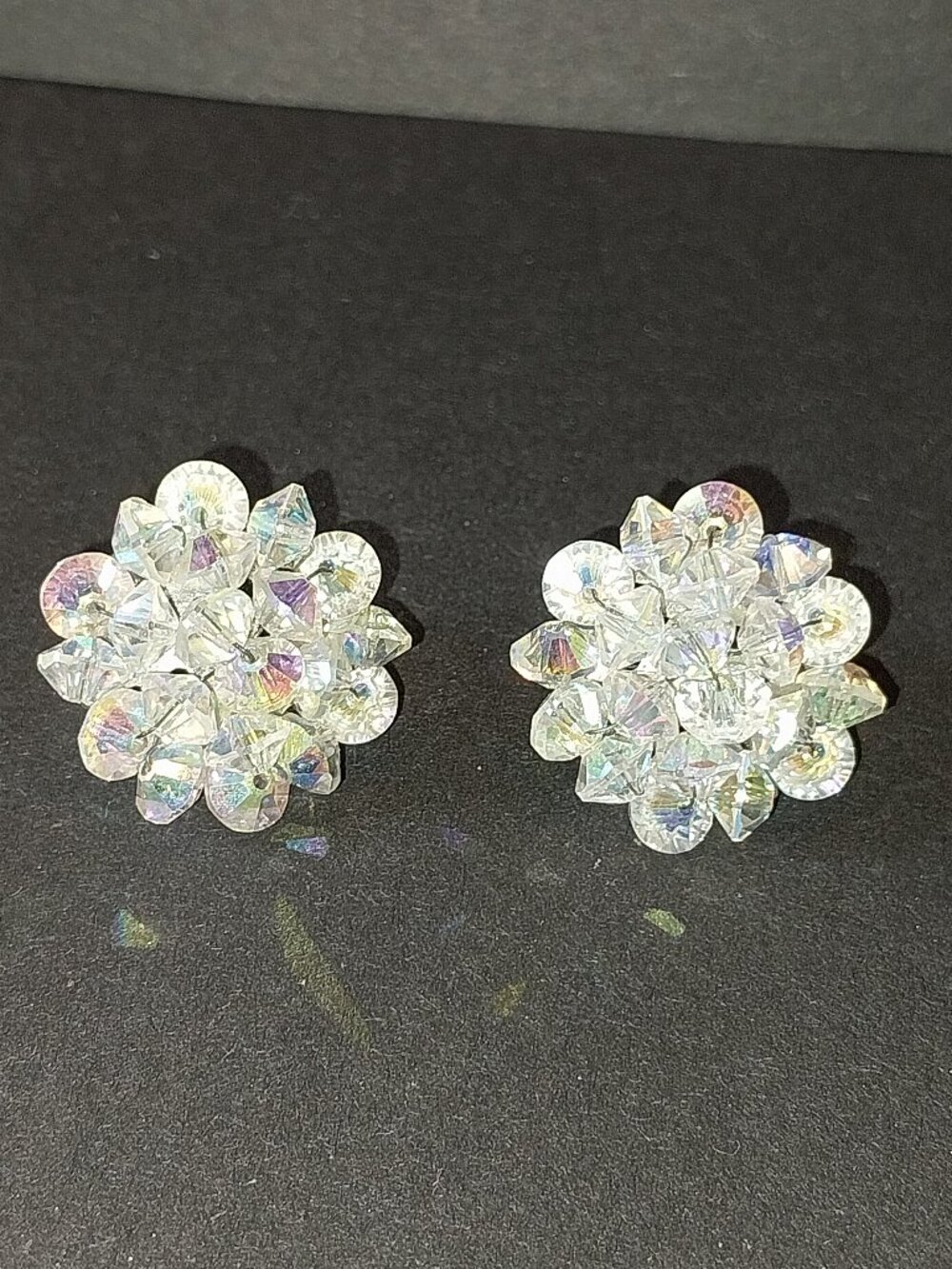 Vintage Silver tone Aurora Borealis Crystal Center Clip Earrings